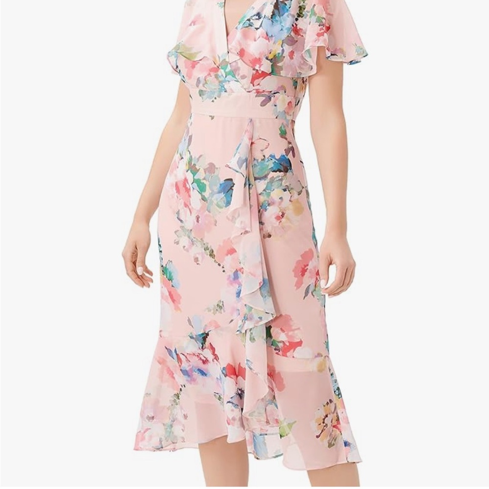 Adrianna Papell Floral Pink Midi Ruffle Dress